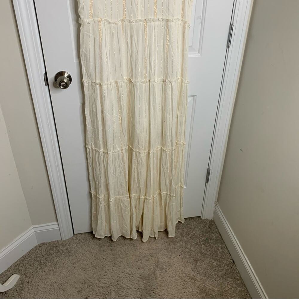 Anthropologie Raga white ivory tiered metallic striped wide leg jumpsuit large - Picture 11 of 12